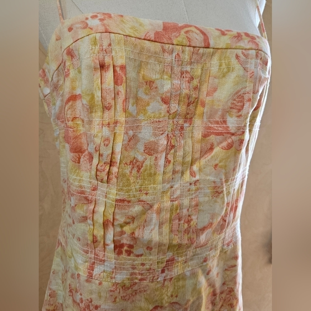 Ann Taylor Linen Pink Yellow Pastel Floral Pleated Detail Midi Dress-Size 8 - Picture 2 of 5